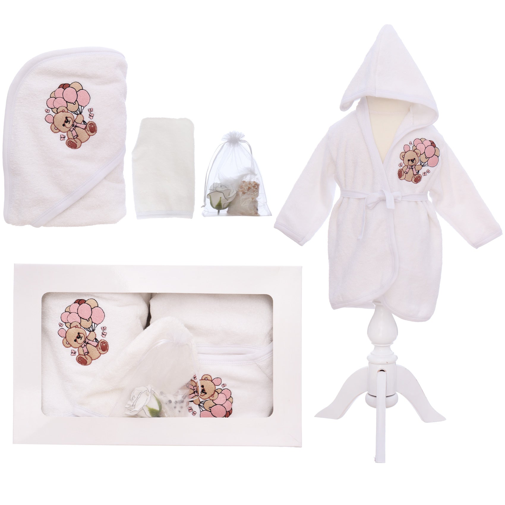 Set prima baita cu nasii, halat, prosop, saculet mirodenii si manusa, model Ursulet cu baloane, REC3284