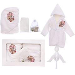 Set prima baita cu nasii, halat, prosop, saculet mirodenii si manusa, model Ursulet cu baloane, REC3284