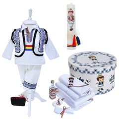 Set botez baieti, Model traditional, Culoare alb-albastru, Trusou, Costum popular si Lumanare, REC3257