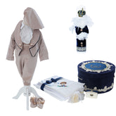 Set botez baieti cu Print, culoare crem-bleumarin, costum print, trusou, si lumanare, REC3179