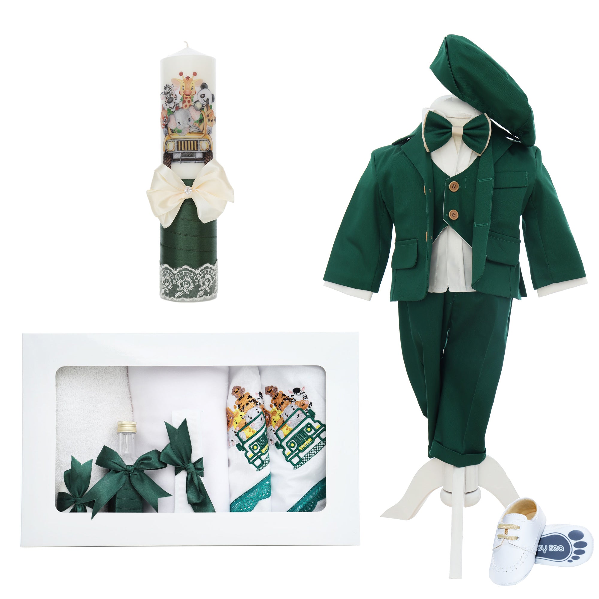 Set botez baieti cu Safari, culoare verde, costum, trusou si lumanare, REC3196