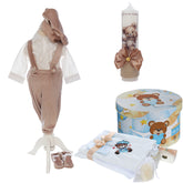 Set botez baieti cu ursulet personalizat Tood, culoare crem, costum print de vara, trusou, si lumanare, REC3173