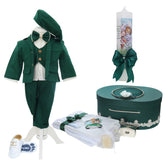 Set botez baieti personalizat cu Safari, culoare verde, costum, trusou si lumanare, REC3208