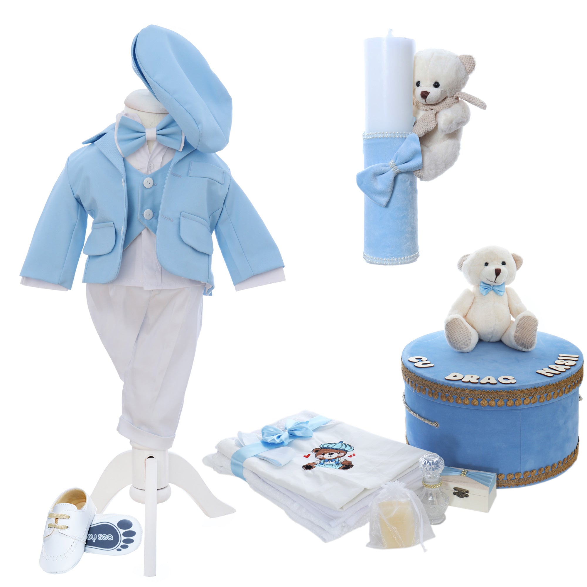 Set botez baieti personalizat cu Ursulet, culoare bleu, Costum, Trusou si Lumanare, REC3211