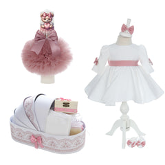 Set botez cu Ursulet, culoare Roz Pudra, Trusou, Rochie cu fundita si Lumanare, REC3246