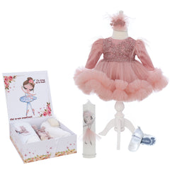 Set botez fete personalizat cu Balerina, culoare roz pudrat, Trusou, Rochie si Lumanare, REC3226