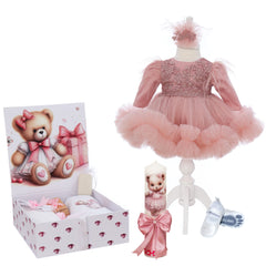 Set botez fete personalizat cu Ursulet, culoare roz prafuit, Trusou, Rochie si Lumanare, REC3220