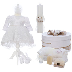 Set bumbac botez fete, model Flori de Bumbac, Trusou, Rochie cu trena si Lumanare, REC3249