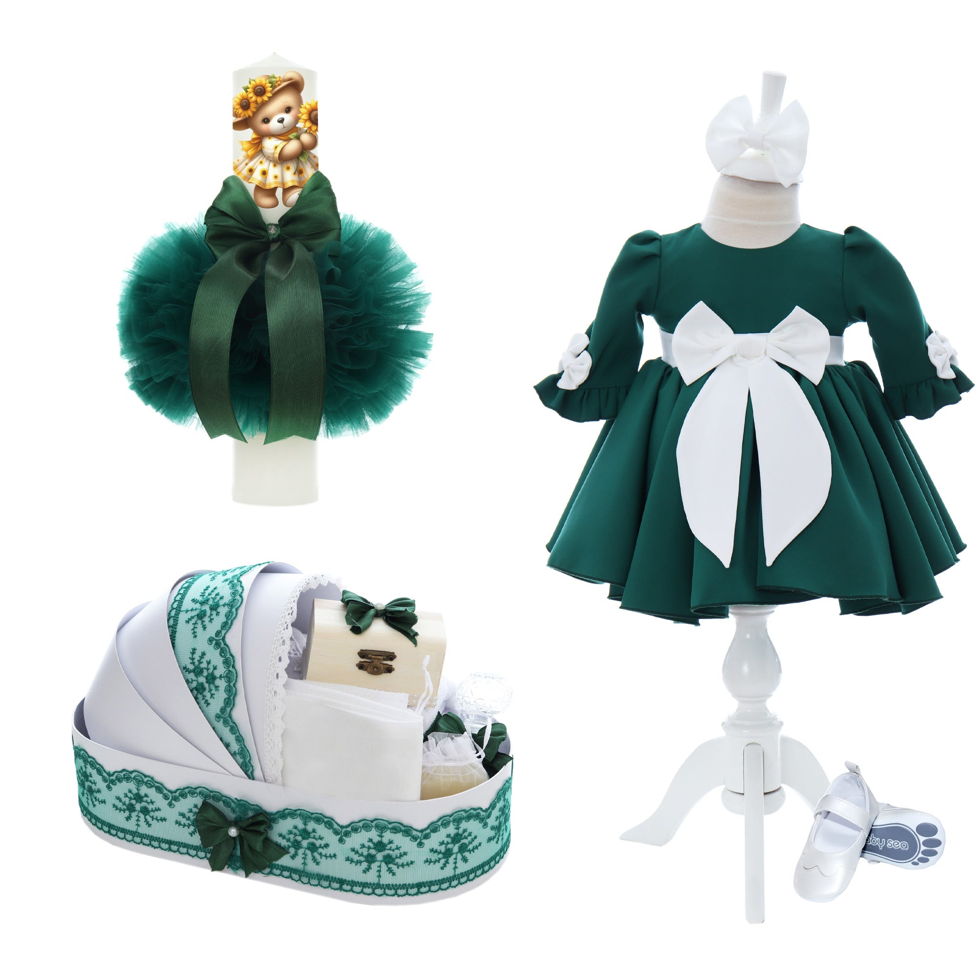 Set complet botez fete, model cu Ursulet, Culoare Verde, Trusou, Rochie cu fundita si Lumanare, REC3245