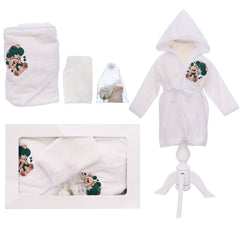 Set prima baita cu nasii, halat, prosop, saculet mirodenii si manusa, model cu Ursulet cu baloane, REC3281