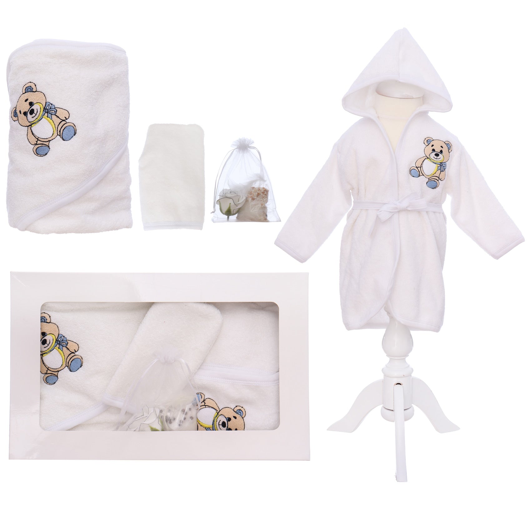 Set prima baita cu nasii, halat, prosop, saculet mirodenii si manusa, model cu Ursulet, REC3279