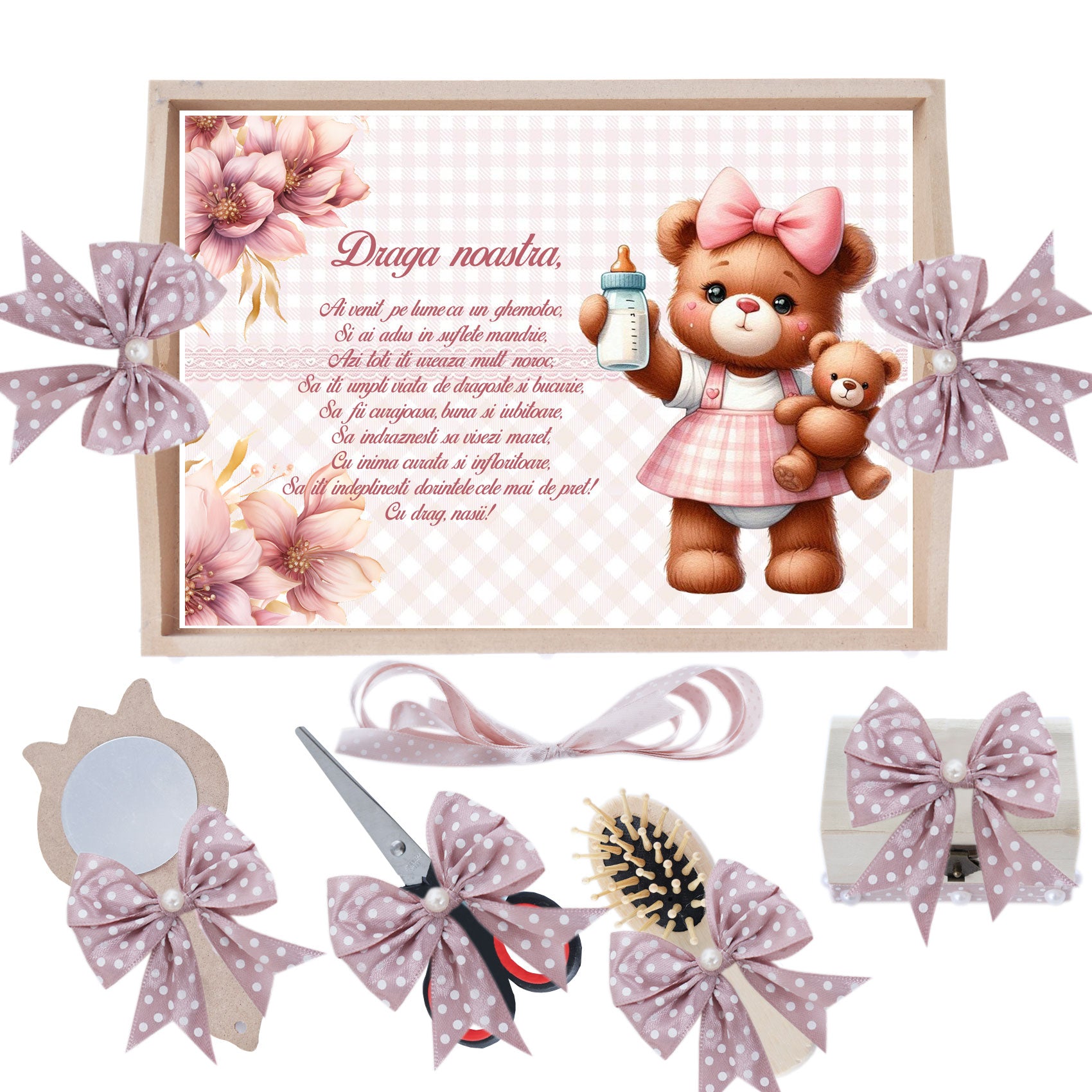 Set tavita pentru taiere mot/turta, model cu Ursulet, roz pudrat, 6 piese, 35x20 cm, Recostore®, REC1967/345