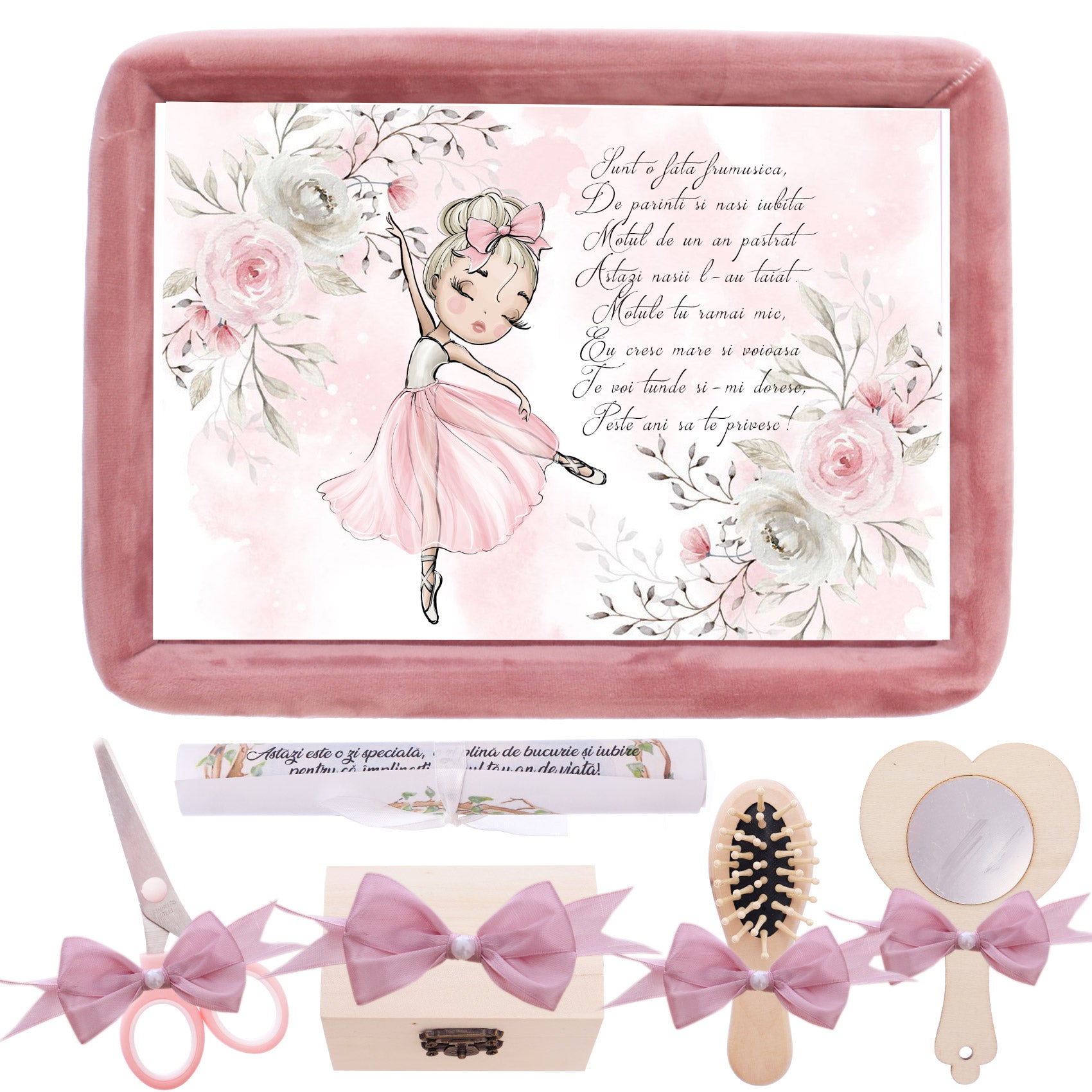 Tavita mot/turta fete, aniversare 1 an, Balerina, catifea roz pudrat, 7 piese, 34x25 cm, Recostore®, REC5011/17