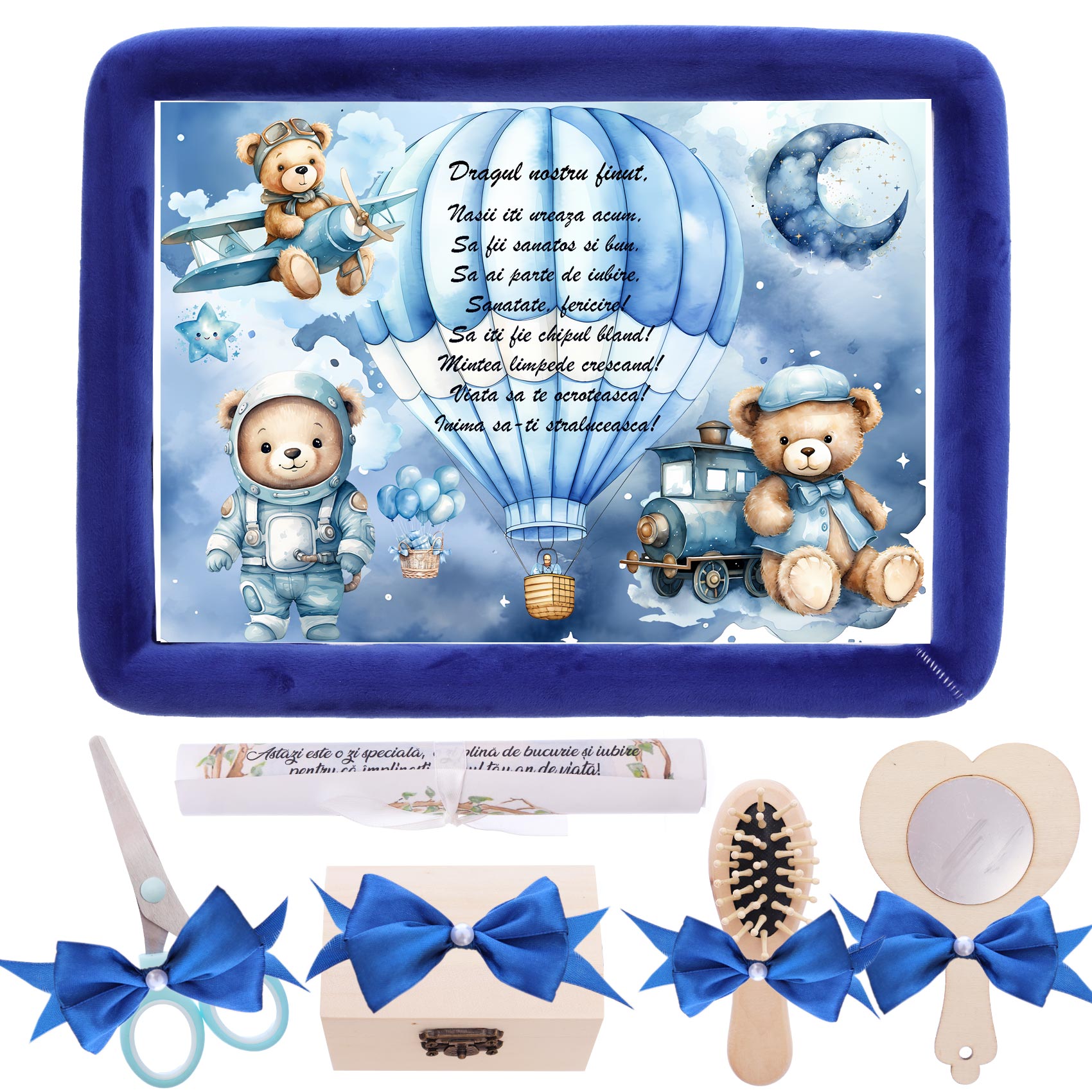 Tava mot baieti, aniversare 1 an, Ursulet aviator, catifea albastru electric, 7 piese, 34x25 cm, REC5011/9