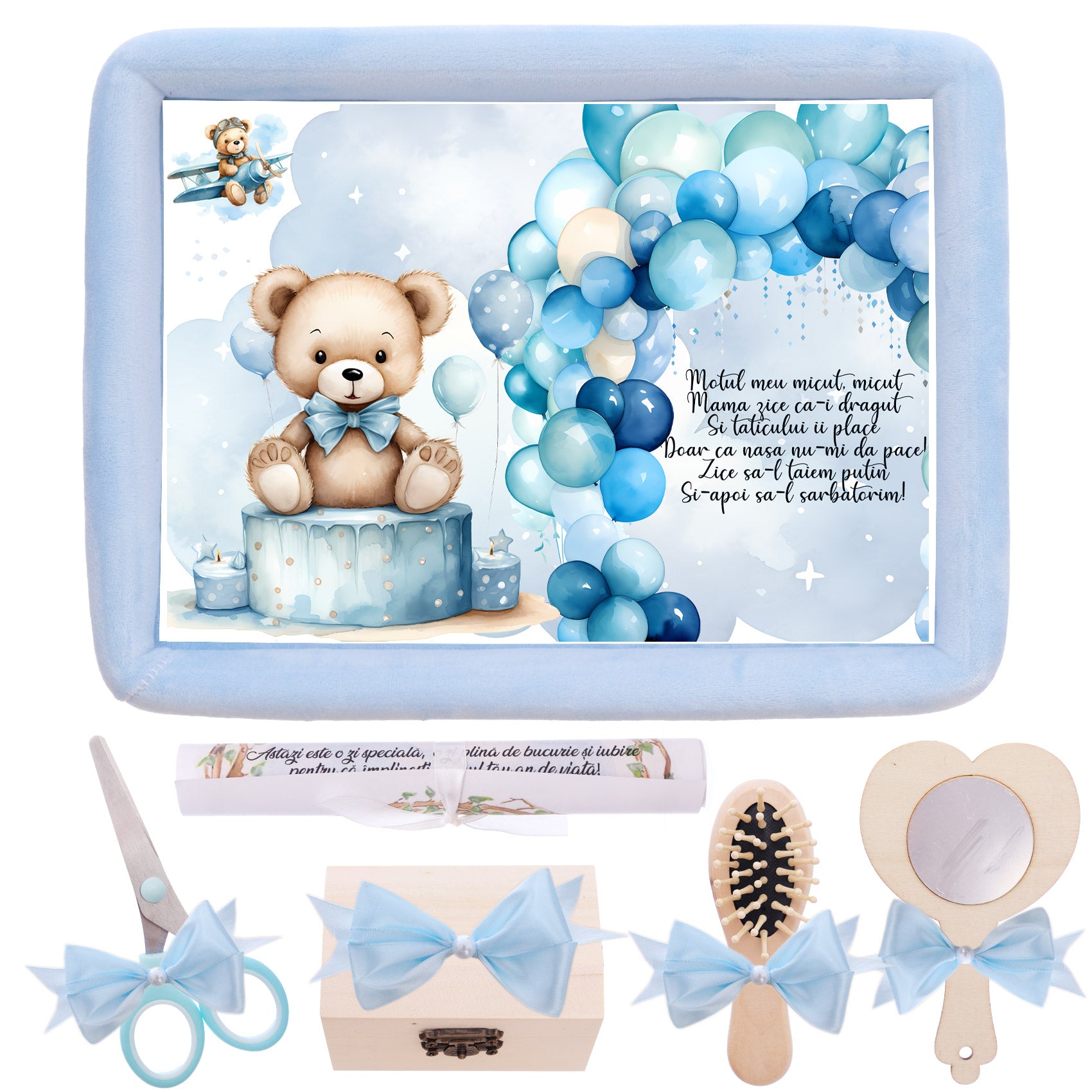 Tava mot aniversare 1 an la baieti, Ursulet cu baloaner, catifea bleu, 7 piese, 34x25 cm, REC5011/10