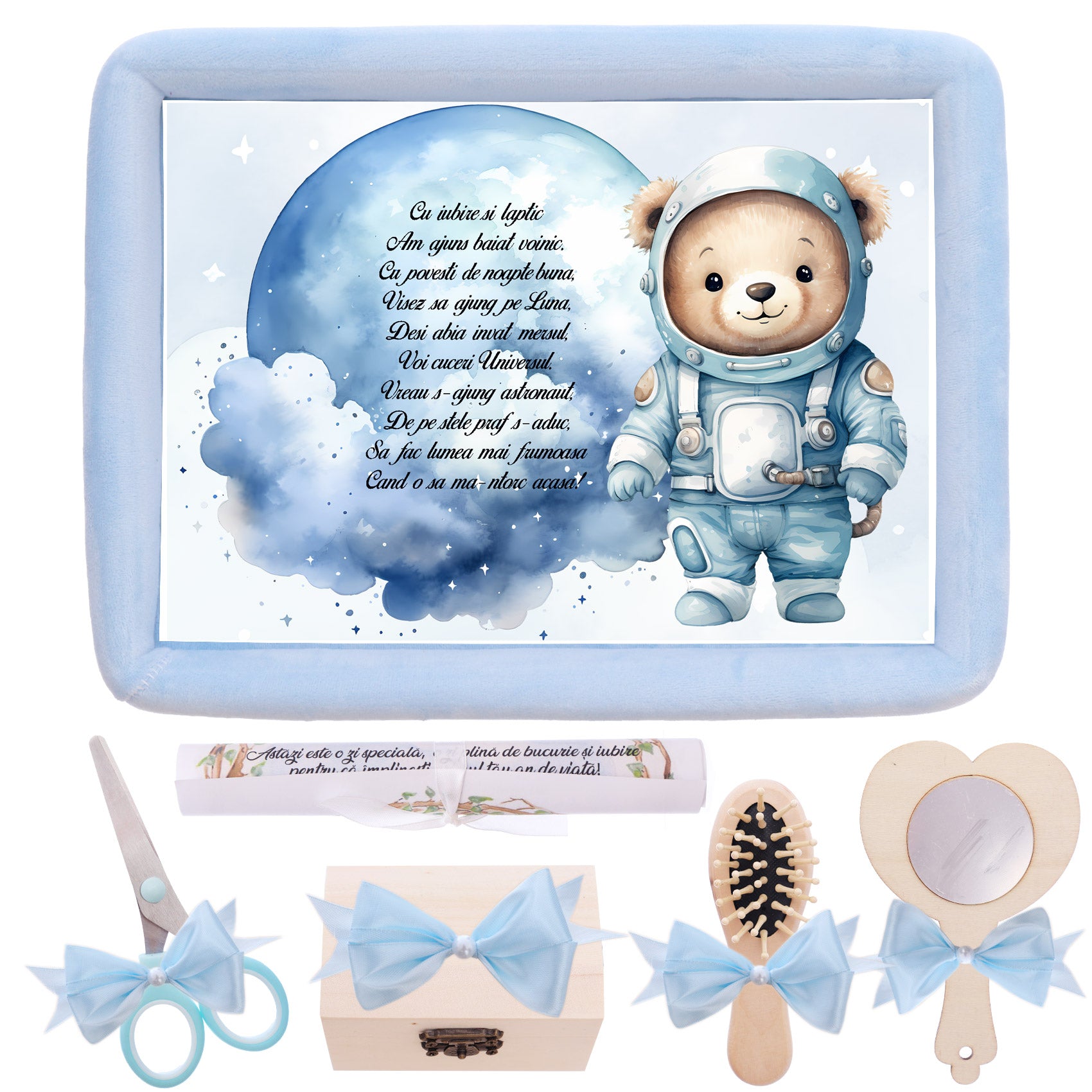 Tava mot aniversare 1 an la baieti, Ursulet astronaut, catifea bleu, 7 piese, 34x25 cm, REC5011/11