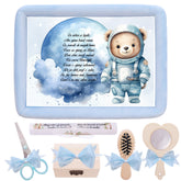 Tava mot aniversare 1 an la baieti, Ursulet astronaut, catifea bleu, 7 piese, 34x25 cm, REC5011/11