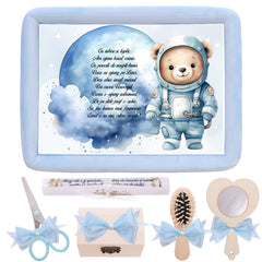 Tava mot aniversare 1 an la baieti, Ursulet astronaut, catifea bleu, 7 piese, 34x25 cm, REC5011/11
