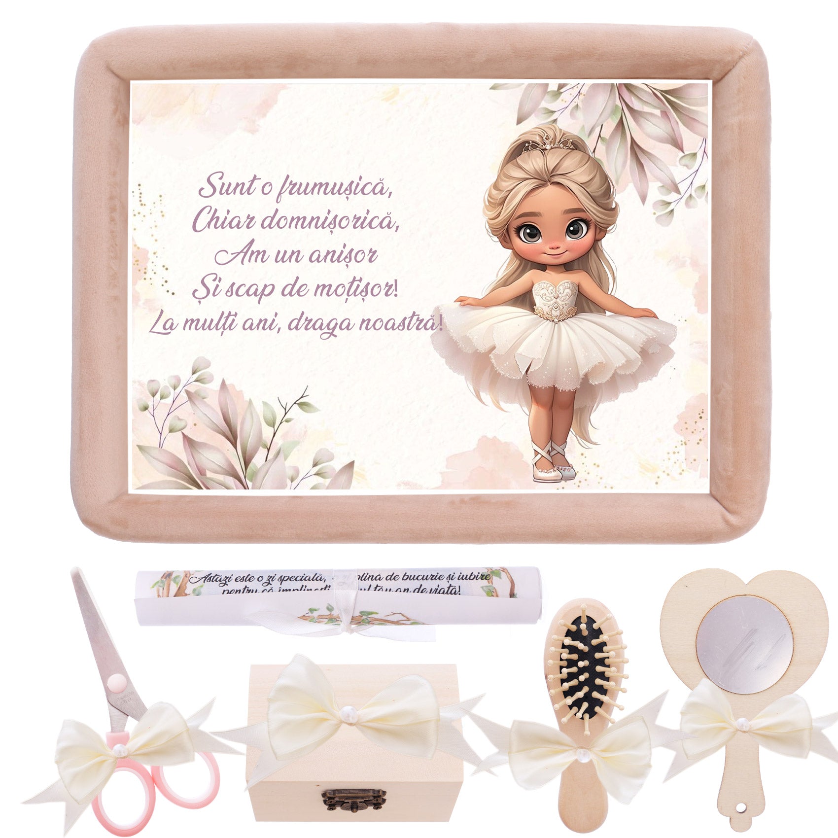 Tava mot aniversare 1 an la fete, catifea crem, 7 piese, 34x25 cm, REC5011/13