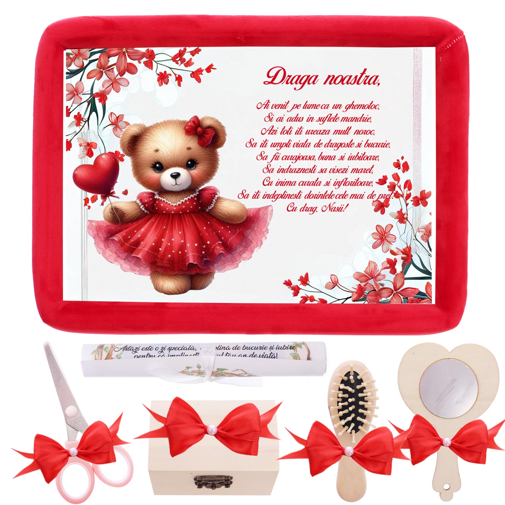 Tavita mot/turta fete, aniversare 1 an, Ursulet catifea rosie, 7 piese, 34x25 cm, Recostore®, REC5011/15