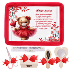 Tavita mot/turta fete, aniversare 1 an, Ursulet catifea rosie, 7 piese, 34x25 cm, Recostore®, REC5011/15