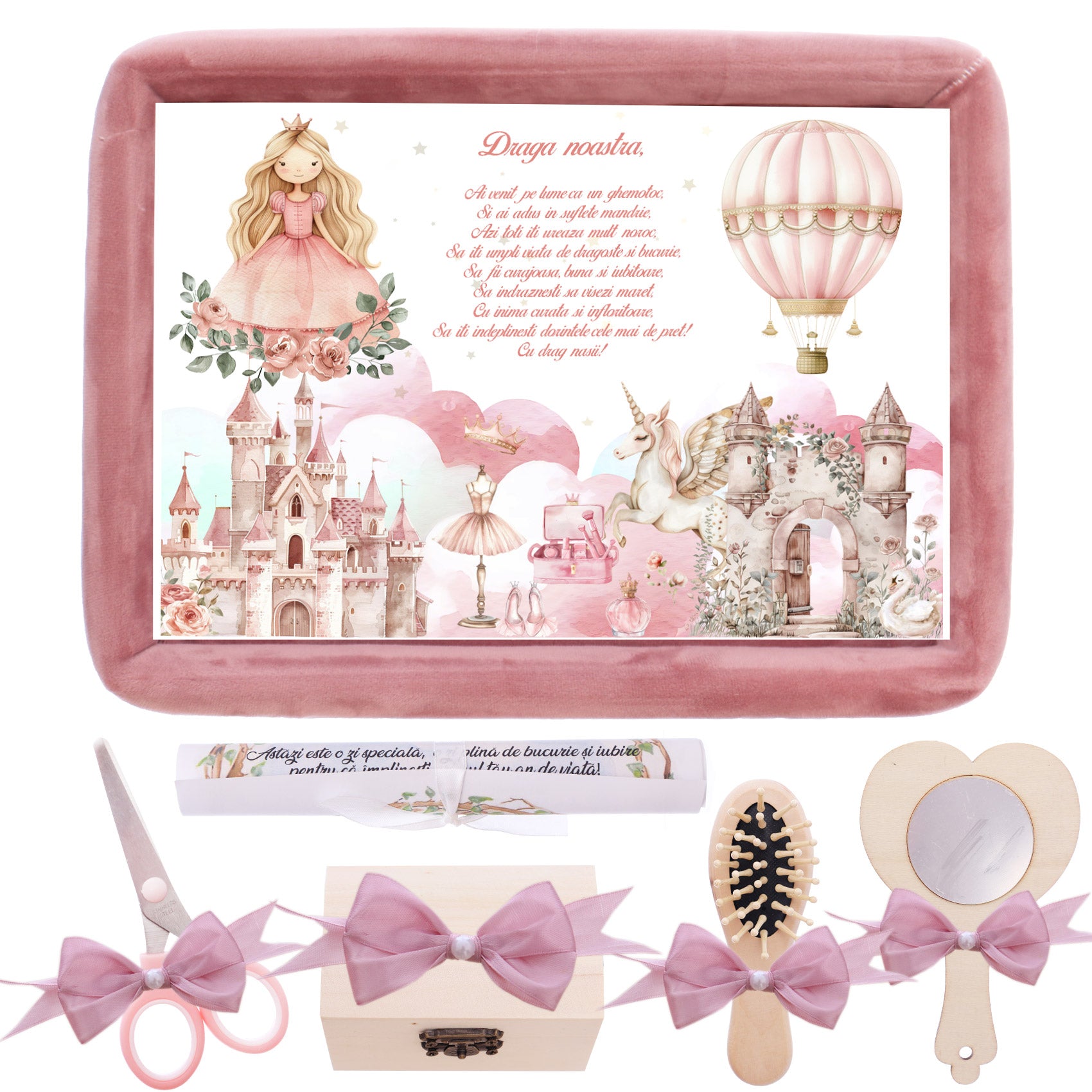 Tavita mot/turta fete, aniversare 1 an, Printesa, catifea roz pudrat, 7 piese, 34x25 cm, Recostore®, REC5011/16