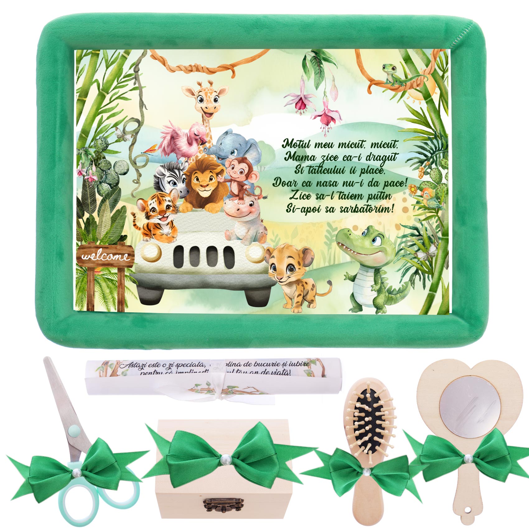 Tavita mot baieti, aniversare 1 an, Jungla Safari, catifea verde, 7 piese, 34x25 cm, Recostore®, REC5011/23
