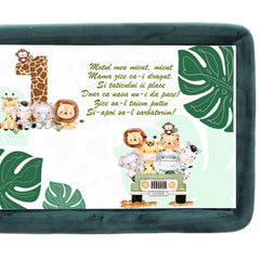 Tava mot baieti, aniversare 1 an, Jungla, Safari, catifea verde inchis 7 piese, 34x25 cm, REC5011/25