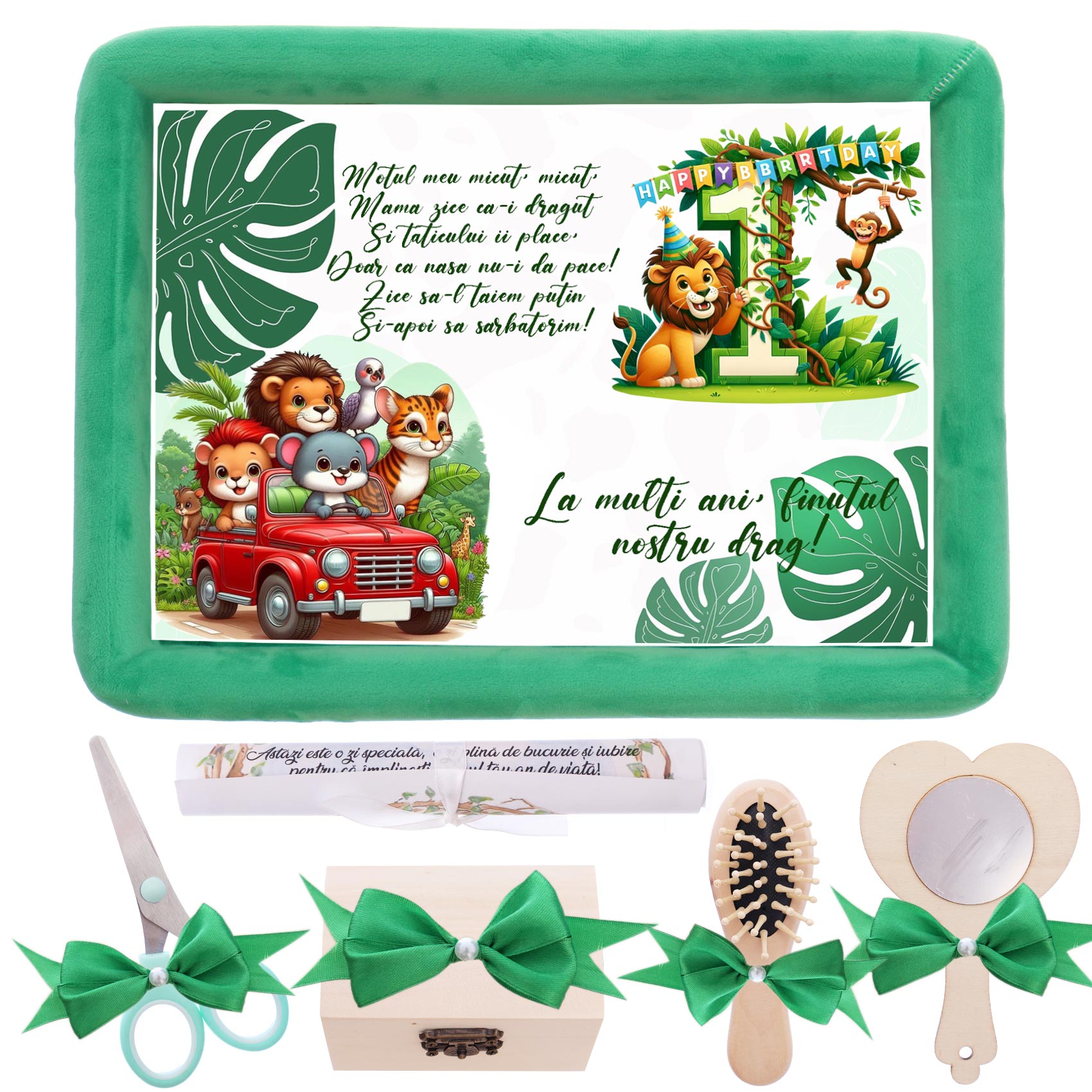 Tavita mot baieti, aniversare 1 an, Jungla Safari, catifea verde, 7 piese, 34x25 cm, Recostore®, REC5011/22