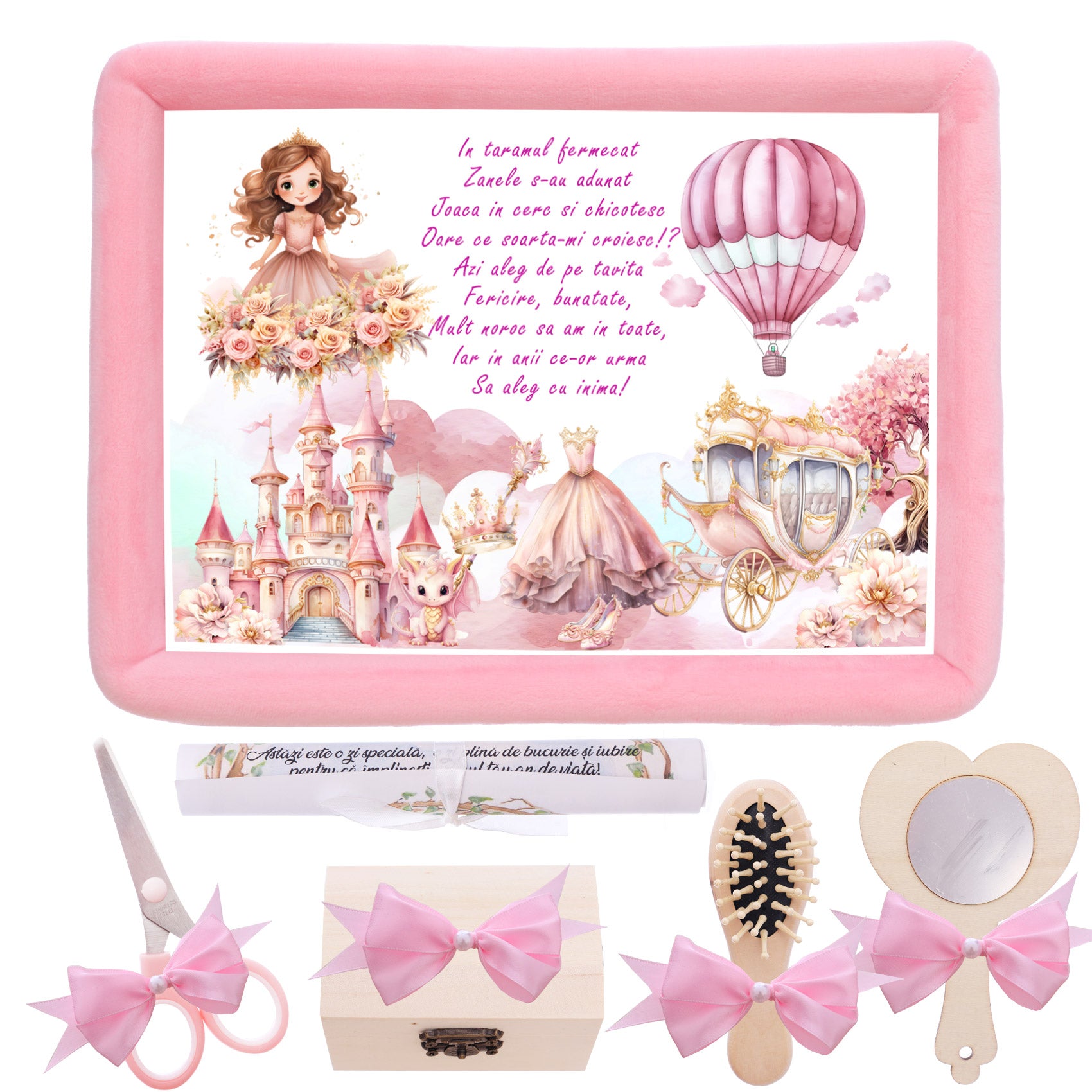 Tavita mot/turta fete, aniversare 1 an, Printesa, catifea roz, 7 piese, 34x25 cm, Recostore®, REC5011/18