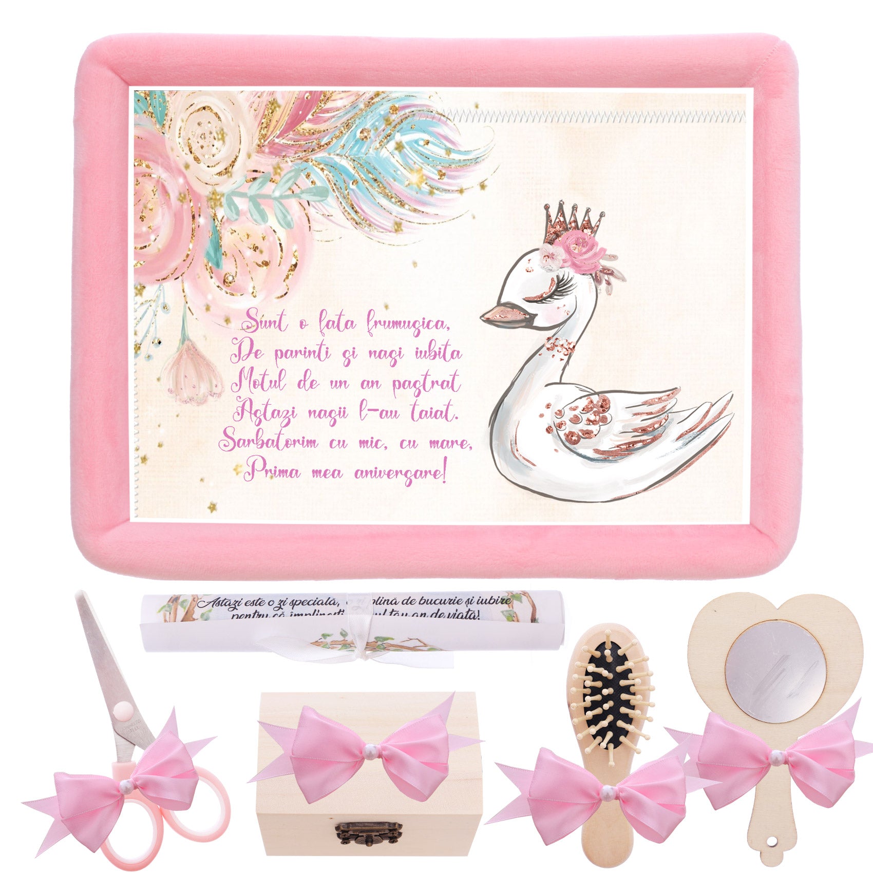 Tavita mot/turta fete, aniversare 1 an, Lebada, catifea roz, 7 piese, 34x25 cm, Recostore®, REC5011/19
