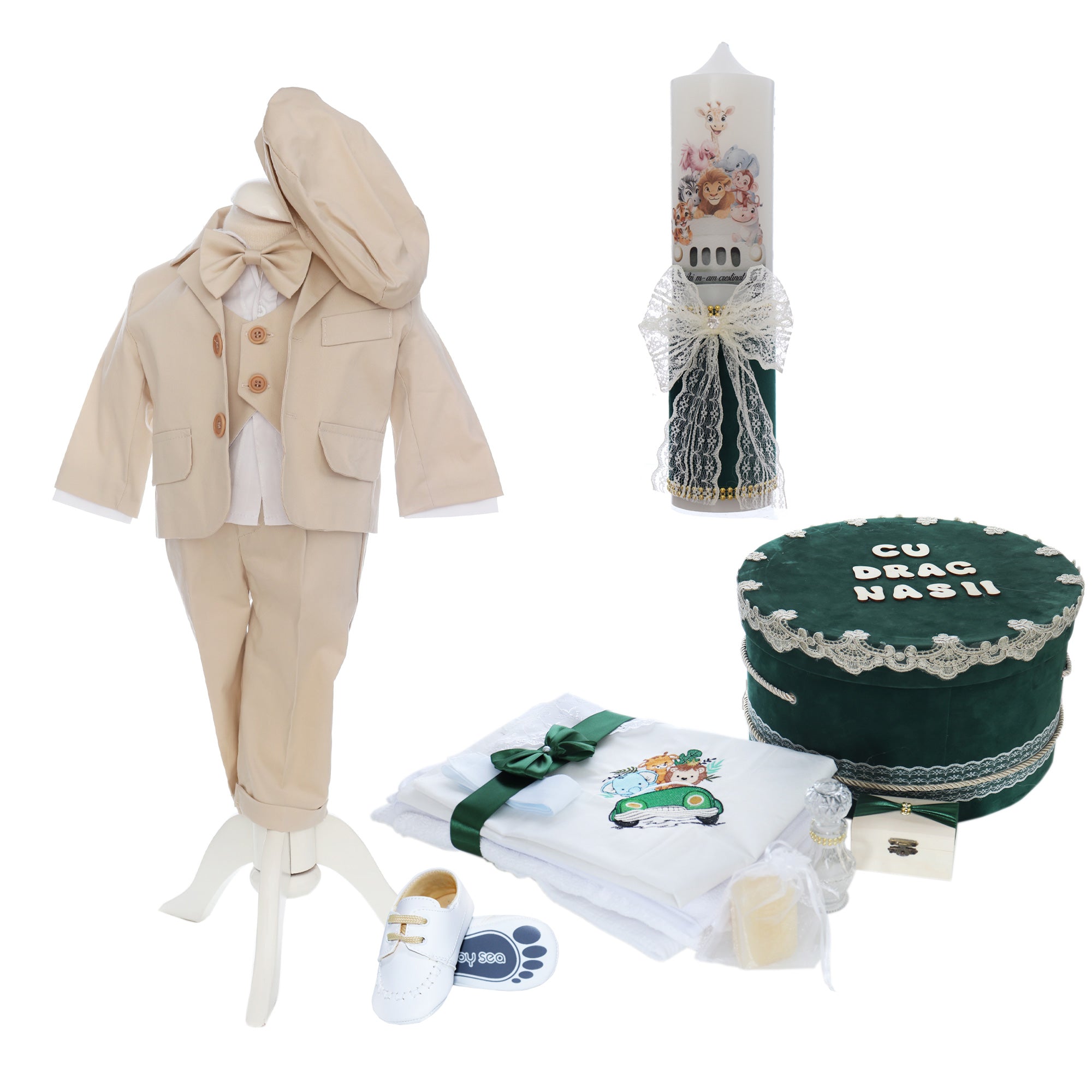 Set trusou botez baieti, complet, crem-verde, model Safari, REC3142