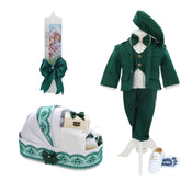 Trusou botez baieti cu Safari, culoare verde, costum, trusou si lumanare, REC3199