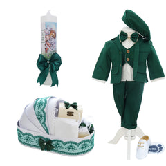 Trusou botez baieti cu Safari, culoare verde, costum, trusou si lumanare, REC3199