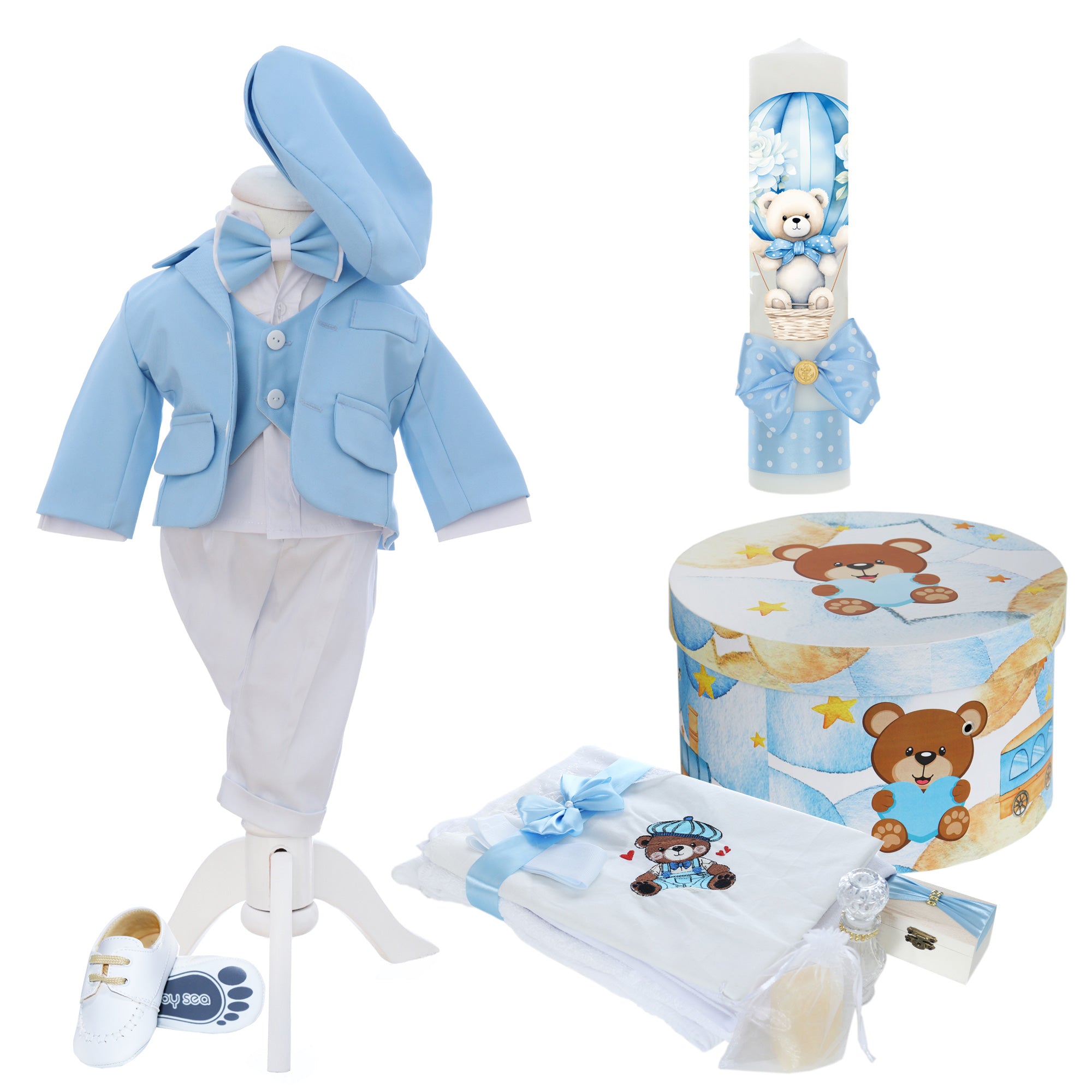 Trusou botez baieti cu Ursulet, culoare bleu, costum, trusou si lumanare, REC3203