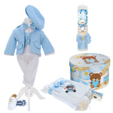 Trusou botez baieti cu Ursulet, culoare bleu, costum, trusou si lumanare, REC3203