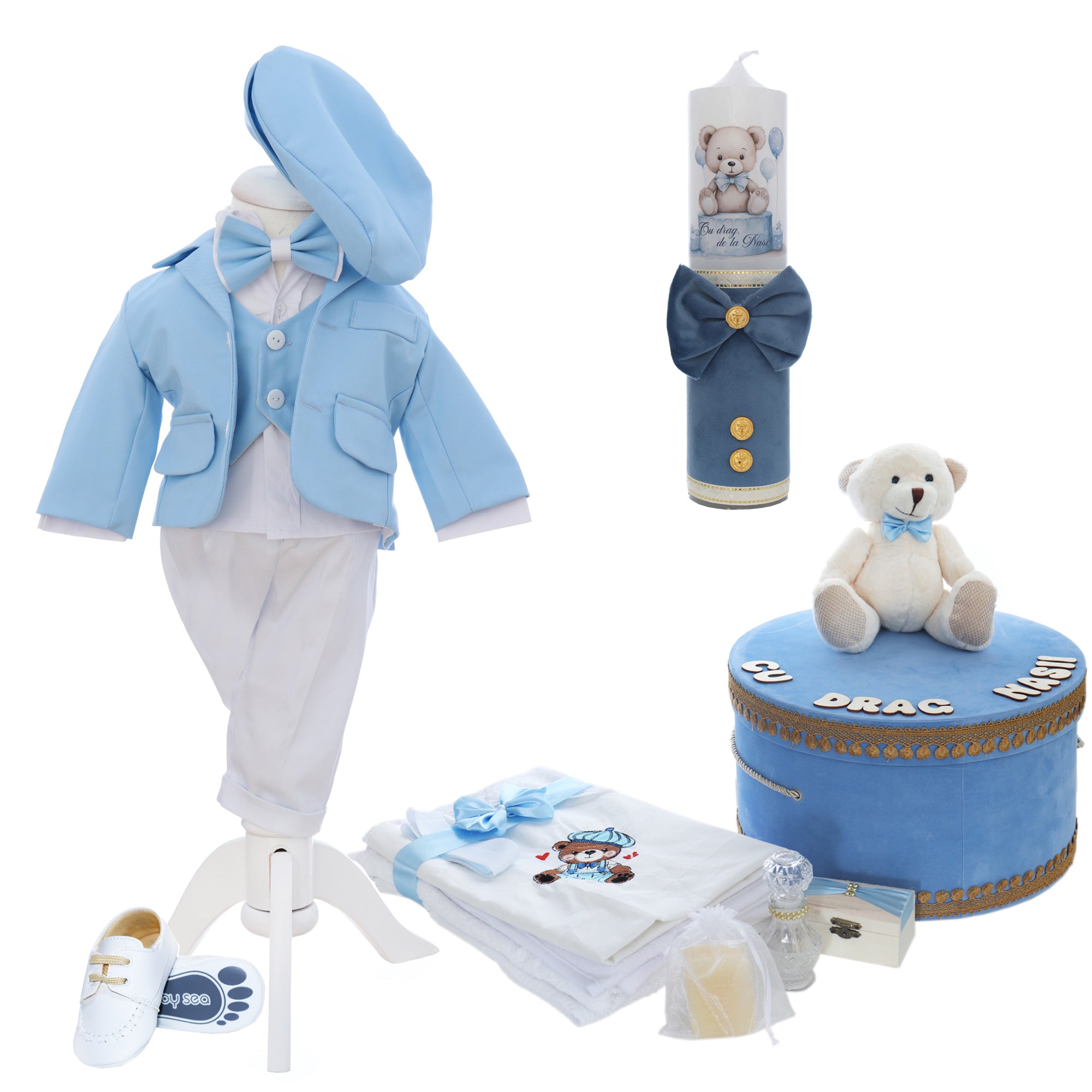 Trusou botez baieti cu Ursulet, culoare bleu, set complet biserica, REC3201