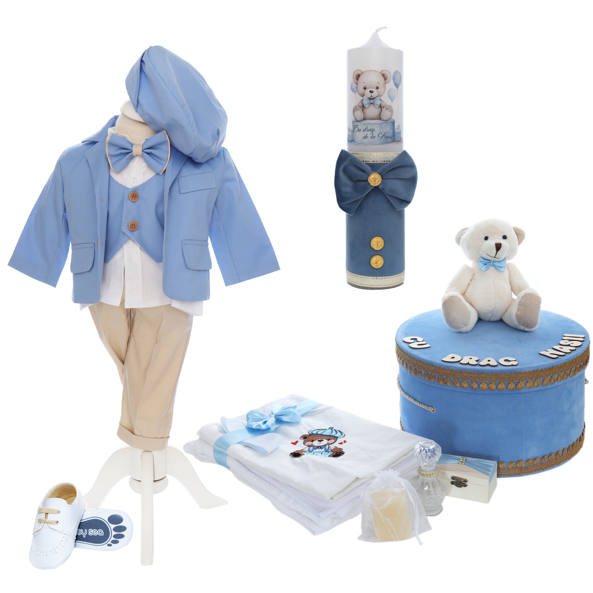 Trusou botez baieti cu ursulet, culoare bleu-crem, costum, trusou si lumanare, REC3176