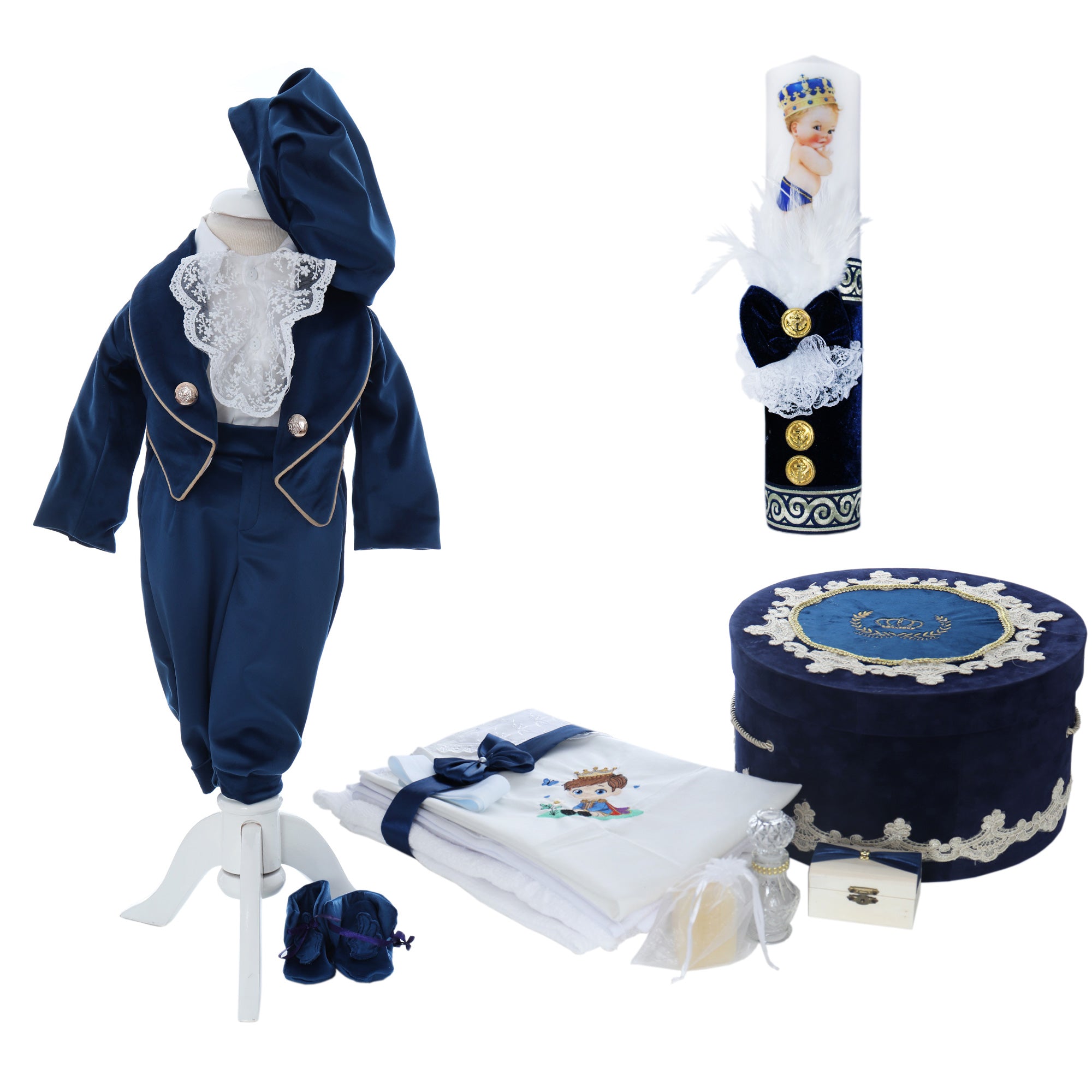 Trusou botez baieti model Print Melchior, culoare bleumarin, costum print, trusou si lumanare, REC3180