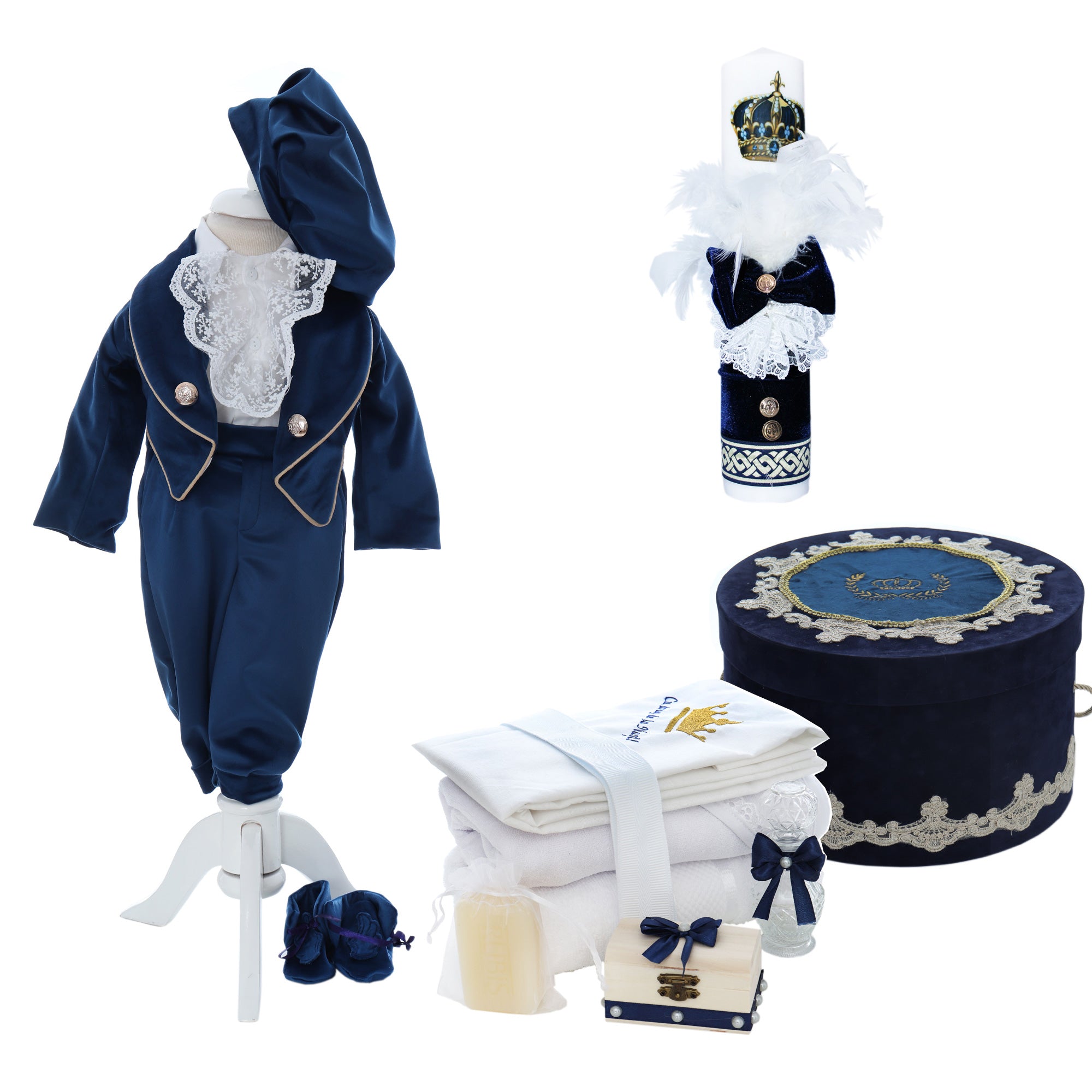 Trusou botez baieti model Print Charles, culoare bleumarin, costum print, trusou si lumanare, REC3183