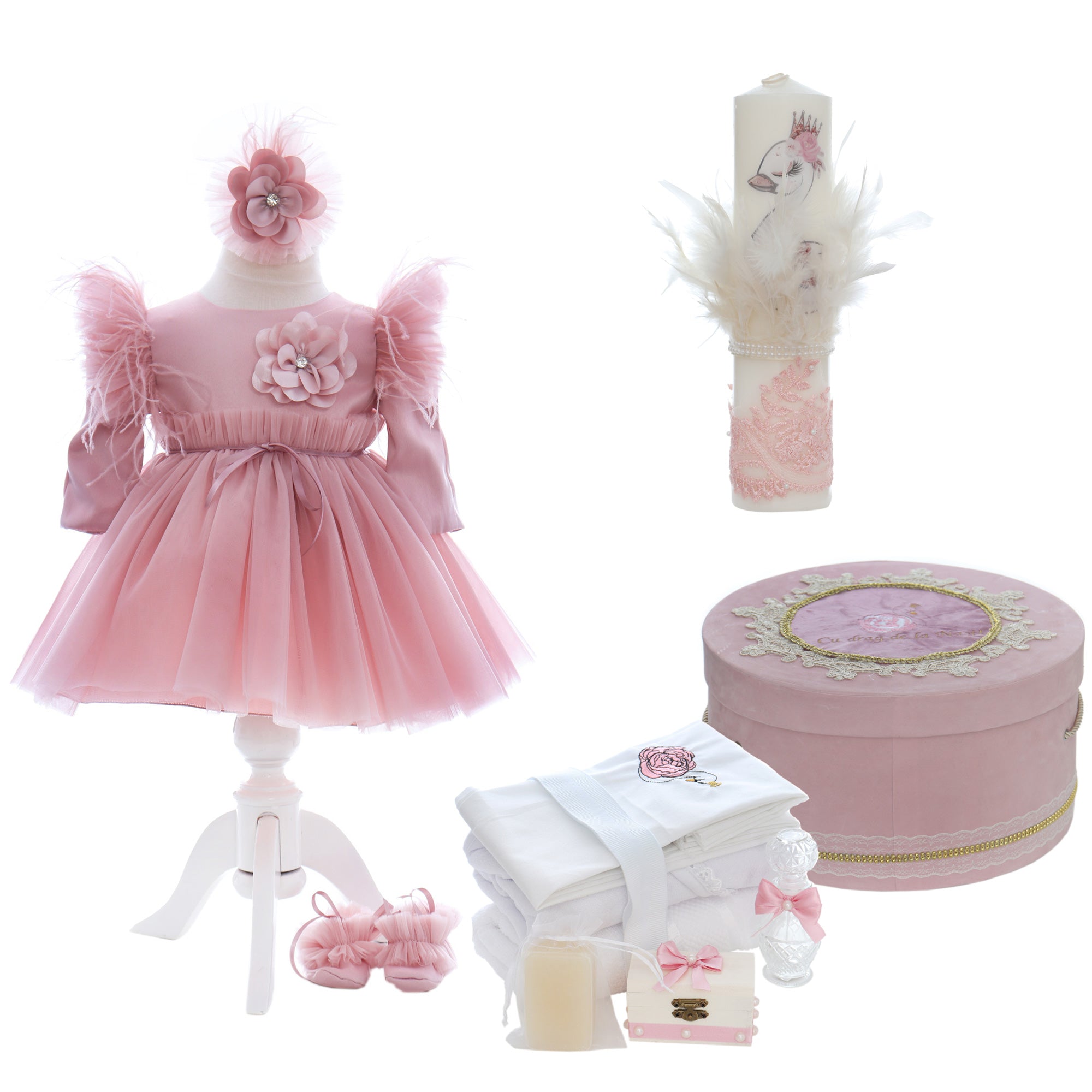 Trusou botez fata, roz pudrat, model lebada Karina, REC3147