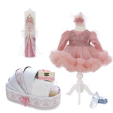 Trusou botez fete, culoare roz pudrat, model Printesa Dayana, trusou, rochita si lumanare, REC3193