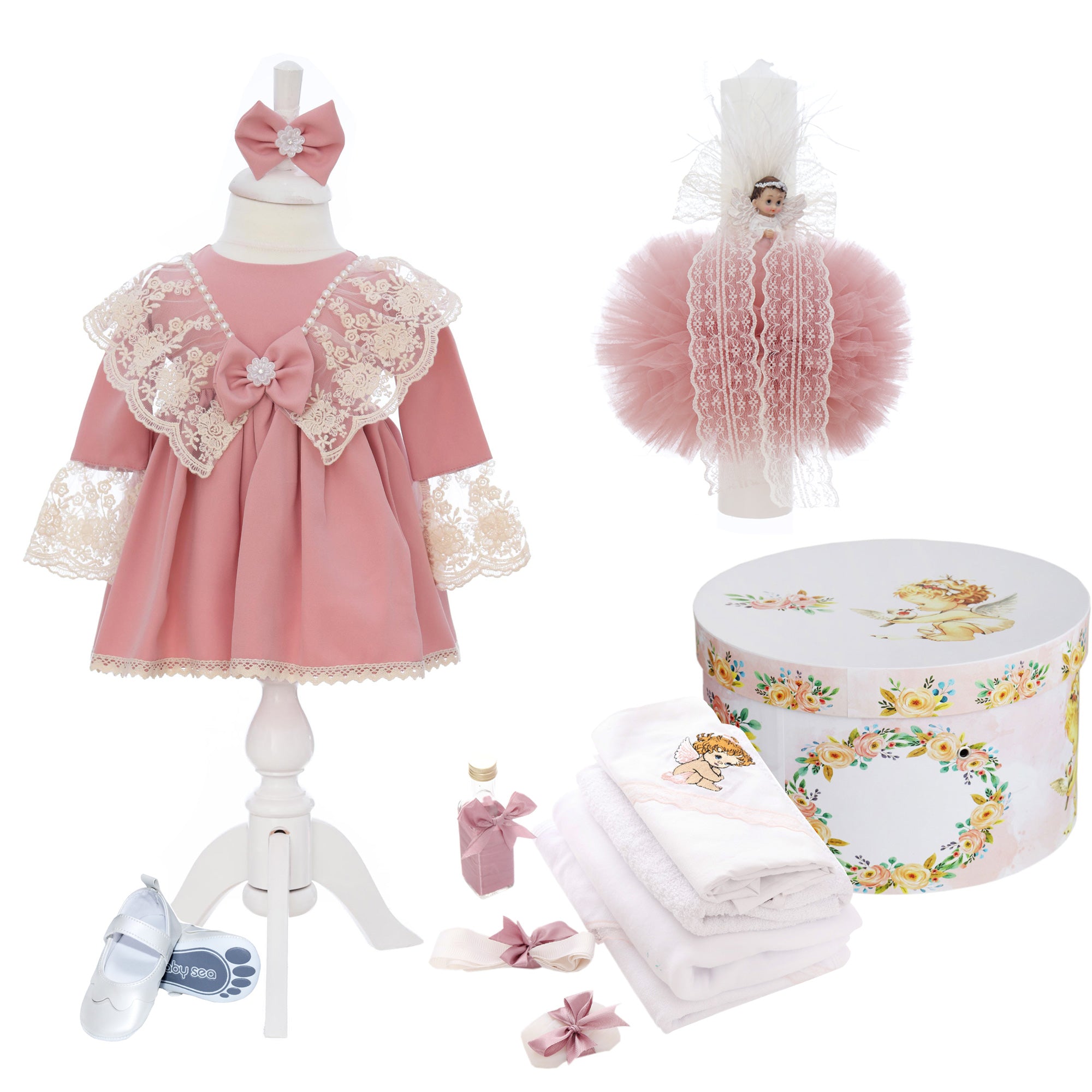 Trusou botez fete, culoare roz pudrat, model ingeras Jennifer, trusou, rochita si lumanare, REC3181