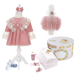 Trusou botez fete, culoare roz pudrat, model ingeras Jennifer, trusou, rochita si lumanare, REC3181