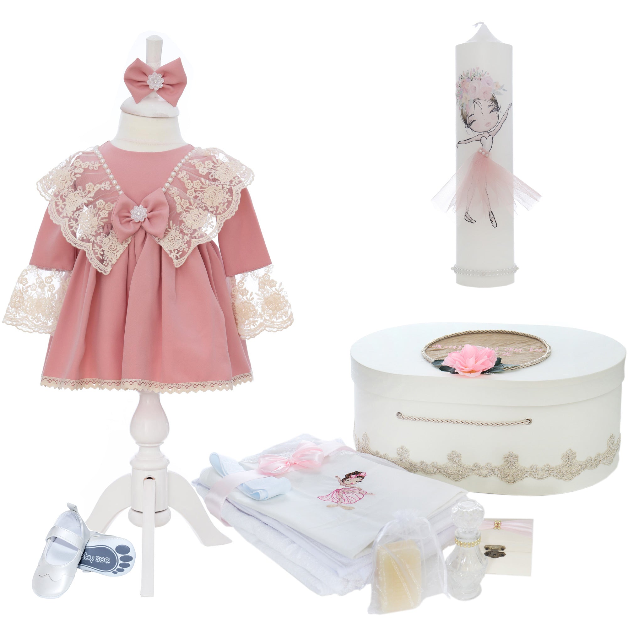 Trusou botez fete, culoare roz pudrat, model Balerina, trusou, rochita si lumanare, REC3187