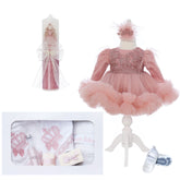 Trusou botez fete, culoare roz pudrat, model Printesa Carolina, trusou, rochita si lumanare, REC3188