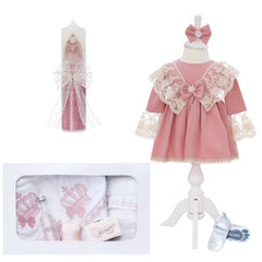 Trusou botez fete, necesar Biserica, rochie, trusou si lumanare, culoare roz pudrat, REC3197