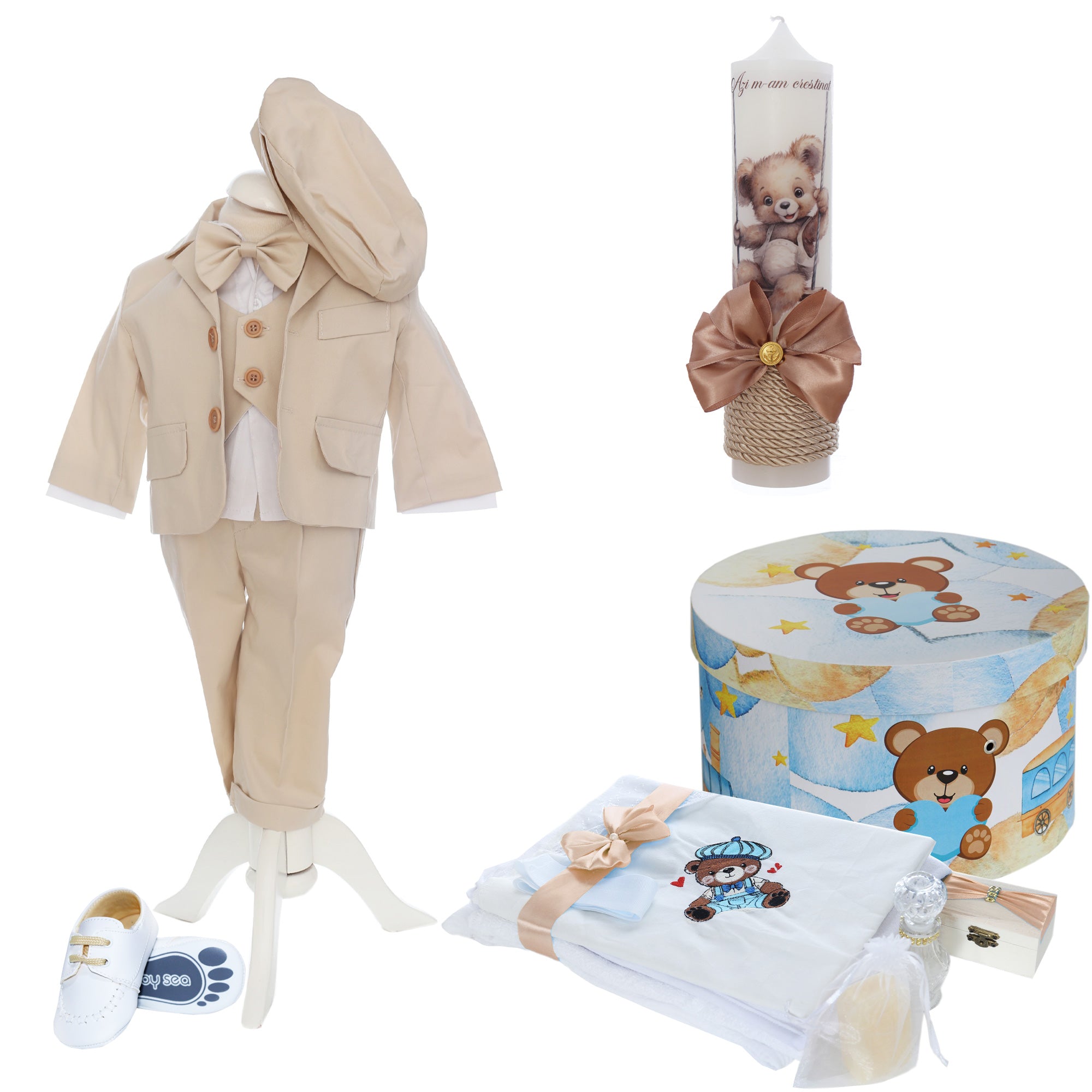 Trusou botez personalizat cu ursulet, model Denis, culoare mocha mousse, costum crem, trusou si lumanare, REC3171