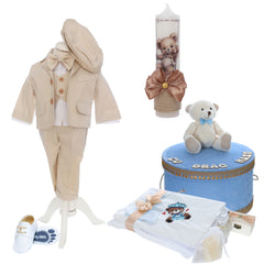 Trusou botez personalizat cu ursulet Iair, culoare bleu-crem, REC3174