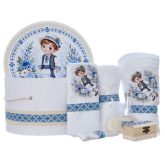 Trusou botez traditional cu baietel taranus, albastru, 8 piese, Recostore®, REC3544